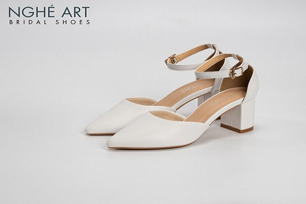 Giày cưới Nghé Art basic sandal quai hậu bít mũi 210 - 6 phân - trắng - gót vuông