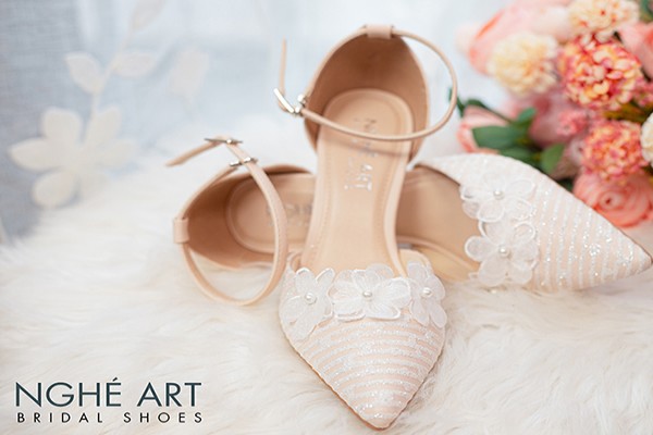 Giày cô dâu Nghé Art handmade ren kim tuyến 410 - Nude 9 phân