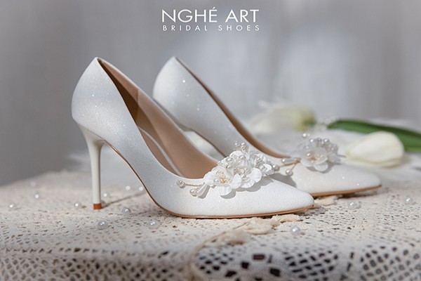 Giày cưới Nghé Art cao gót da ánh kim dãy hoa 460-377 - Trắng - 10 phân