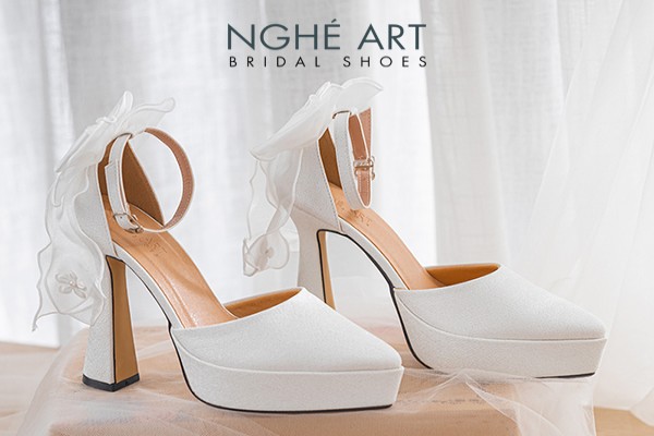Giày cưới Nghé Art cao gót đính nơ 13p 450-481 - Trắng - 13 phân