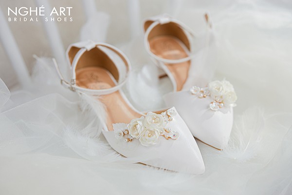 Giày cưới Nghé Art sandal gót vuông 228-4p - Trắng - 4 phân
