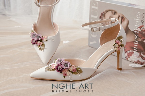 Giày cưới Nghé Art hoa hồng tím vintage 343 - Trắng - 9 phân