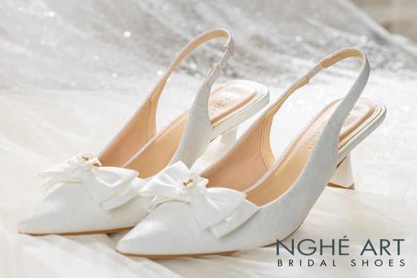 Giày cưới Nghé Art form slingback đính nơ 504 - Trắng - 7 phân