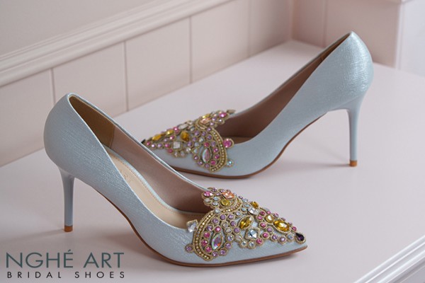 Giày cưới Nghé Art phối đá bling bling 10 phân nhũ xám pastel 562-377-nhu-xam - Xám xanh pastel - 10 phân