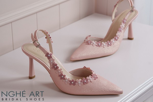Giày cưới Nghé Art slingback đính kết hoa vintage nhũ hồng 567-535-nhu-hong - Hồng pastel - 7 phân