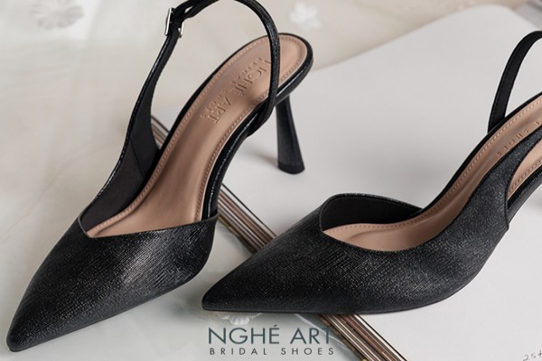 Giày cưới Nghé Art basic form slingback cao gót 9 cm phân nhũ đen 535-9P-NHU-DEN - Đen - 9 phân