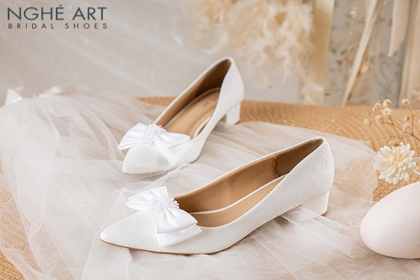 Giày cưới Nghé Art cao 4 cm đính nơ lụa pha lê 519-274-4P-NHU-TRANG - Trắng - 4 phân