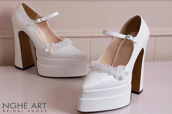 Giày cưới Nghé Art cao gót 15 cm đính hoa pha lê 540-546-15P-NHU-TRANG - Trắng - 15 phân