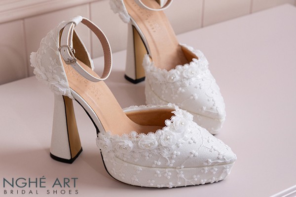 Giày cưới Nghé Art cao 13 cm ren hoa hồng trắng 541-481-13P-NHU-TRANG - Trắng - 13 phân