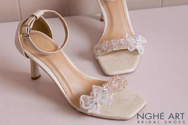 Giày cưới Nghé Art dáng sandal 9 cm đính pha lê cánh bướm voan 387-566-9P-NHU-VANG - Vàng champage - 9 phân