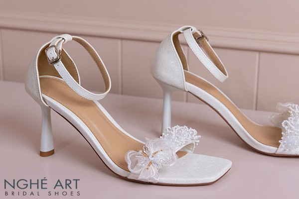 Giày cưới Nghé Art sandal 9 cm hoa voan pha lê 571-566-9P-NHU-TRANG - Trắng - 9 phân