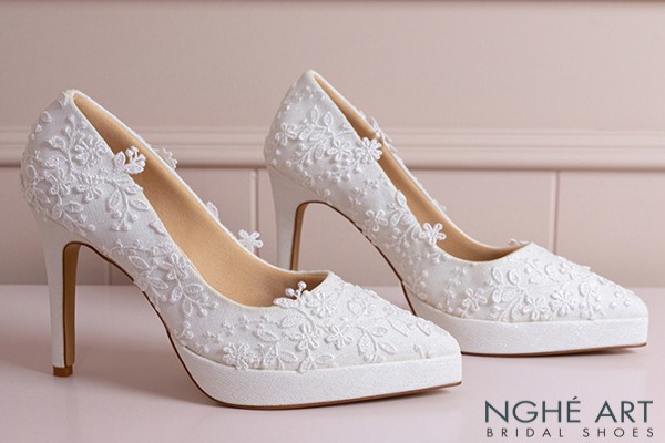 Giày cưới Nghé Art cao 12 cm ren hoa 3D 550-TRANG-543-12P-NHU-TRANG - Trắng - 12 phân