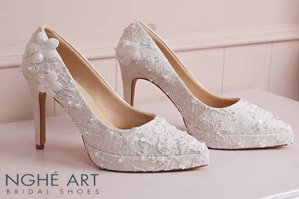 Giày cưới Nghé Art cao gót ren hoa pha lê 589-543-12P-NHU-VANG - Vàng Champagne - 12 phân