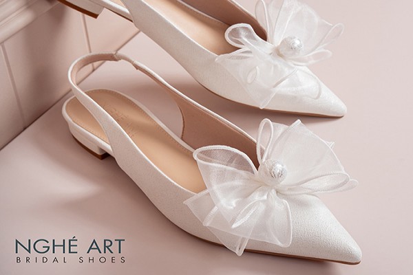 Giày cưới Nghé Art slingback dáng bệt nơ voan 431-593-2P-NHU-TRANG - Trắng - 2 phân
